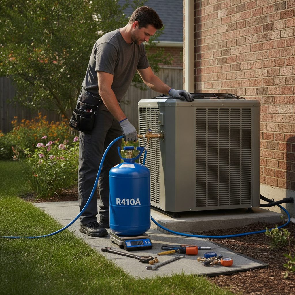 Recharge en fluide frigorigène R410A d'une pompe à chaleur air-eau par un technicien certifié