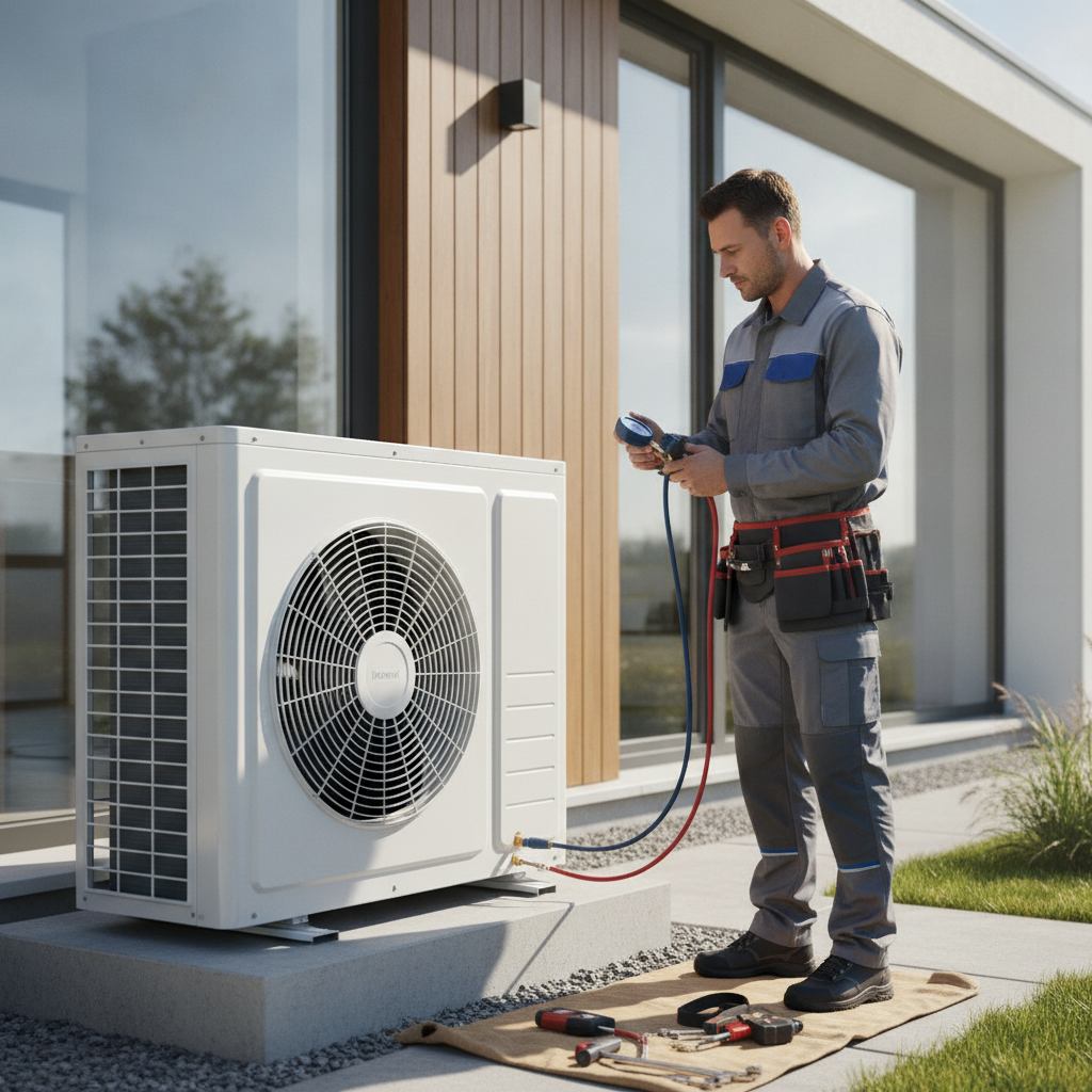 Technicien controlant une pompe a chaleur air/eau lors de l'entretien annuel