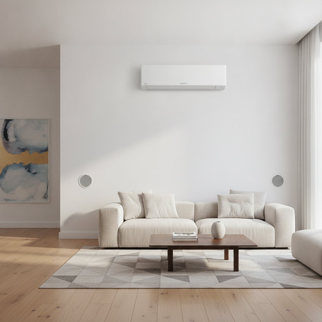 Climatiseur monobloc mural installe dans un sejour