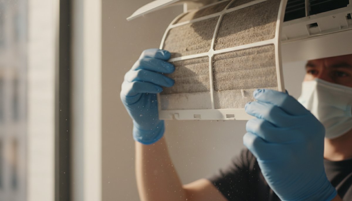 nettoyage des filtres d une unite de climatisation par un technicien