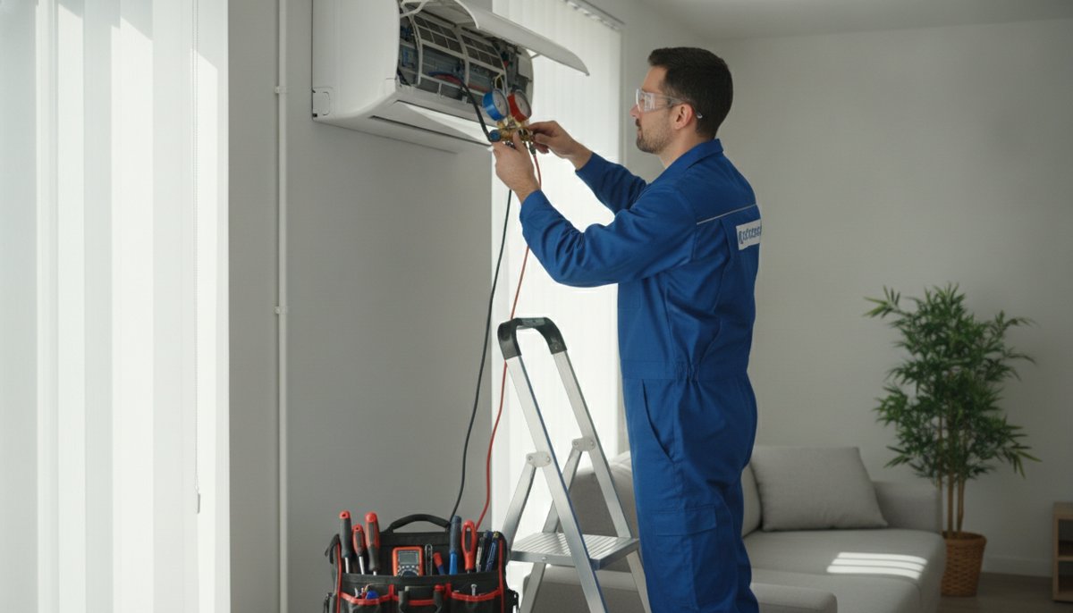 technicien frigoriste entretenant une unite de climatisation murale