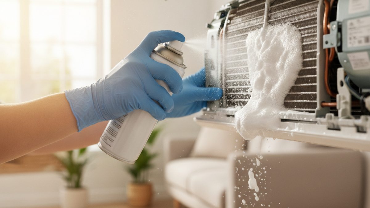 Désinfection de l'évaporateur d'une climatisation réversible avec un spray nettoyant