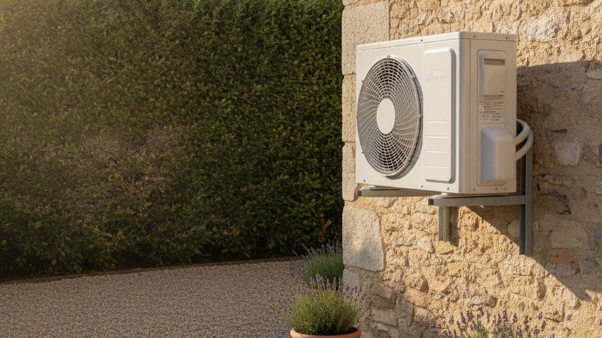 Unité extérieure de climatisation réversible entretenue dans un jardin