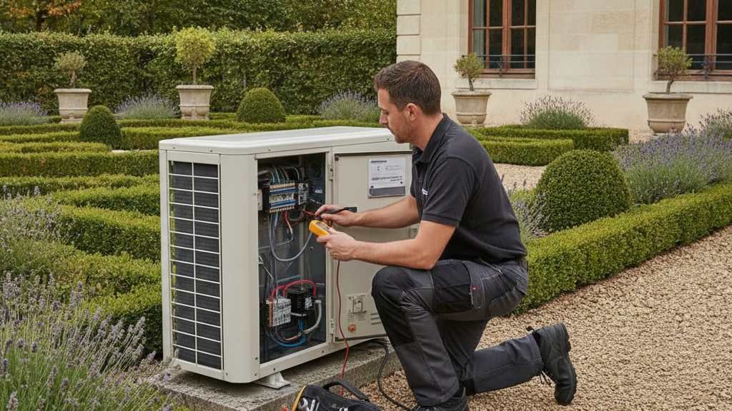 Technicien contrôlant la consommation électrique d'une pompe à chaleur air-eau