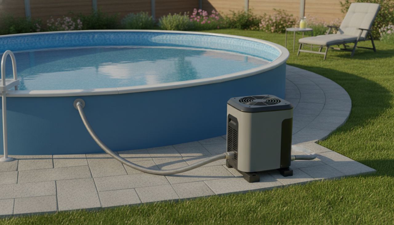 Pompe à chaleur compacte installée à côté d'une piscine hors sol ronde dans un jardin ensoleillé, raccordée au circuit de filtration