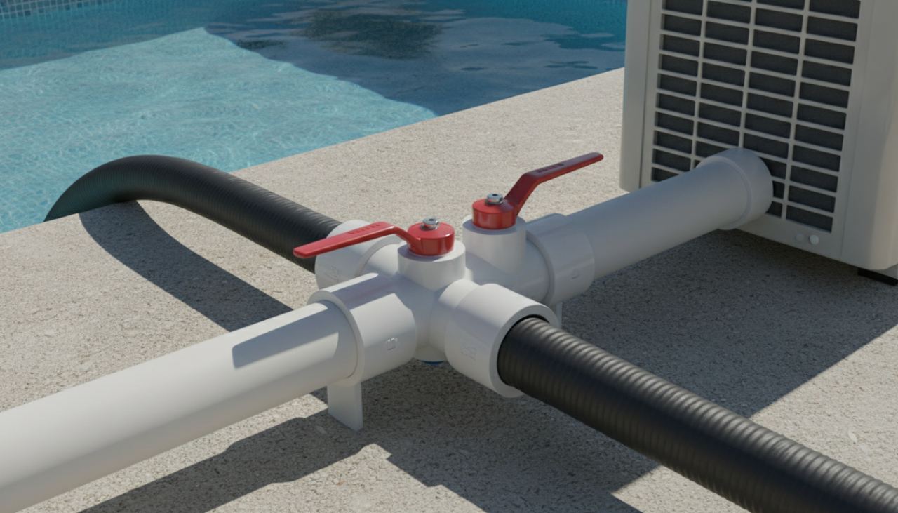 Raccordement d'une pompe à chaleur de piscine sur le circuit de filtration avec un kit by-pass en PVC et des raccords