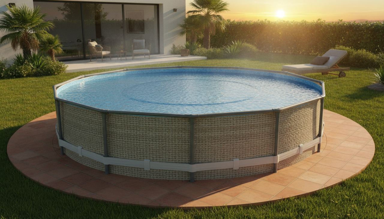 Piscine hors sol recouverte d'une bâche à bulles bleue au coucher du soleil pour conserver la chaleur de l'eau