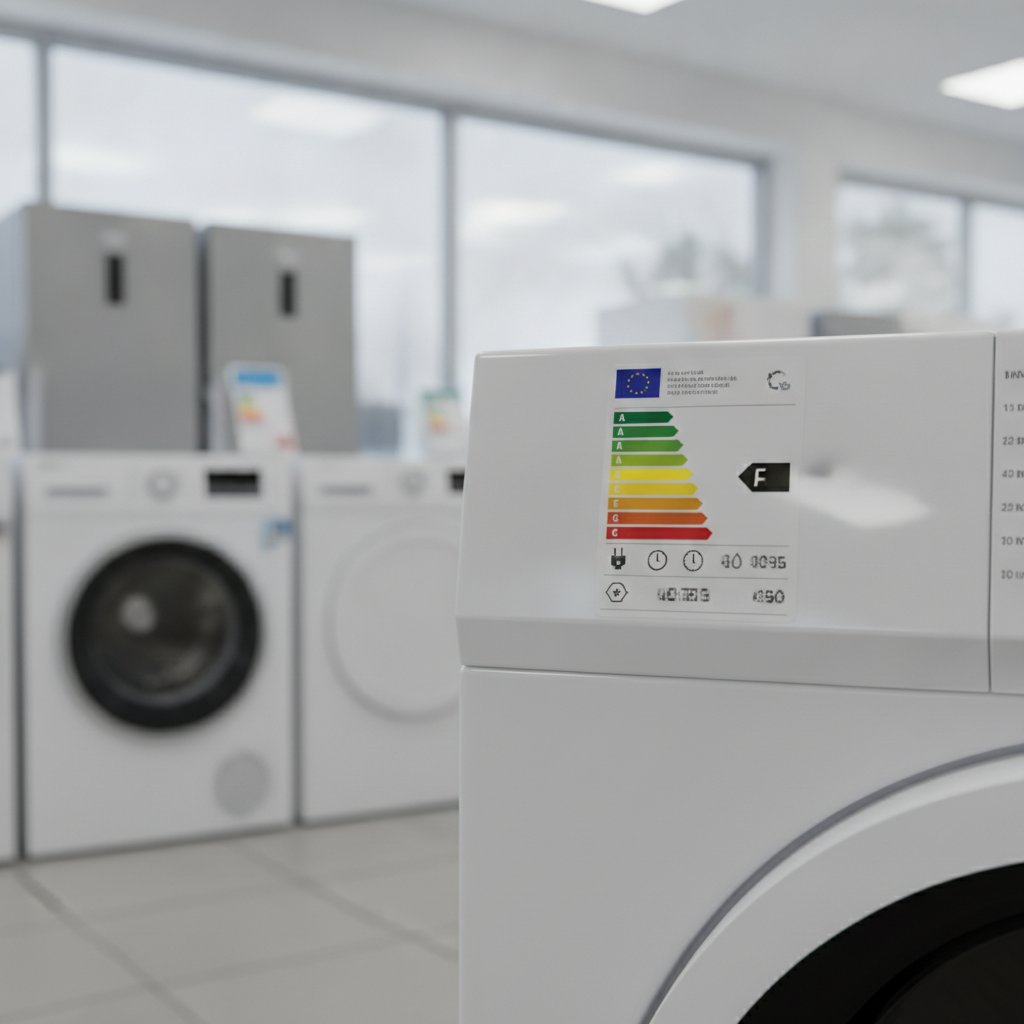 Étiquette énergie européenne sur un sèche-linge en magasin