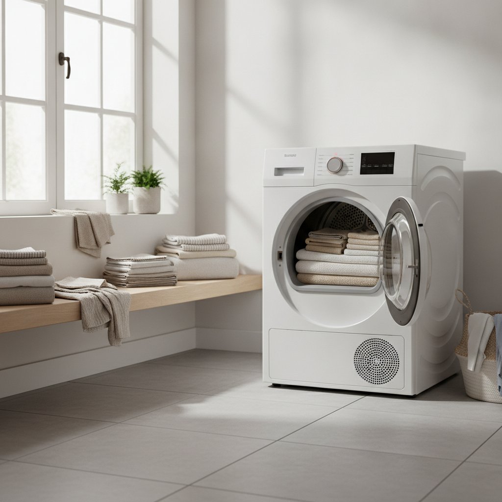 Sèche-linge pompe à chaleur c'est quoi : appareil ouvert dans une buanderie moderne