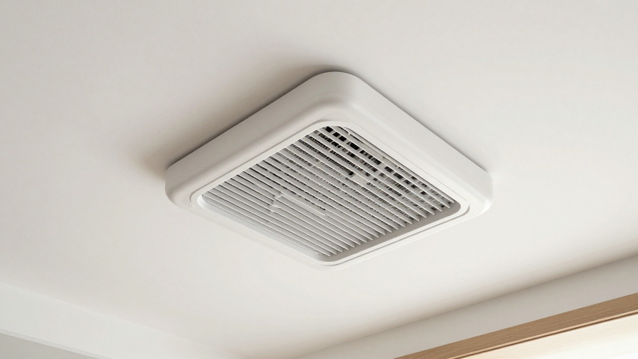 Modern white ceiling diffuser grille for ducted air conditioning installed in a renovated living room ceiling