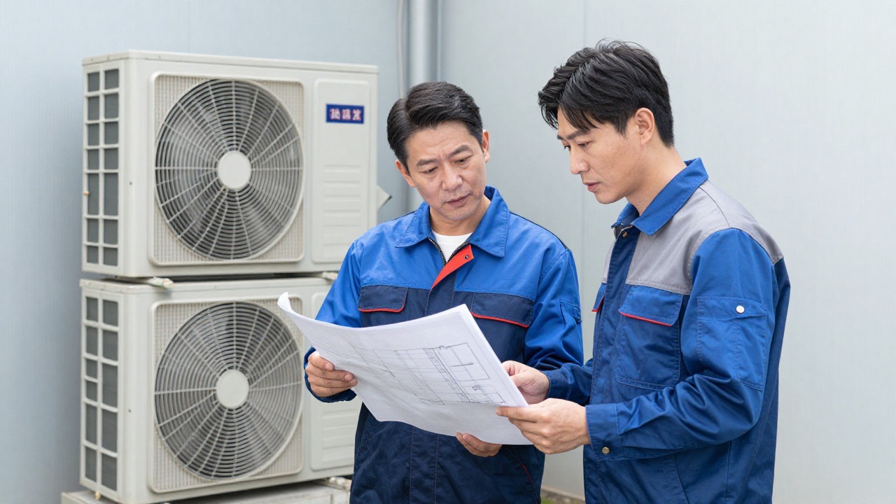 Two technicians in workwear discussing house blueprints next to an outdoor air conditioning condenser unit mounted against an exterior wall