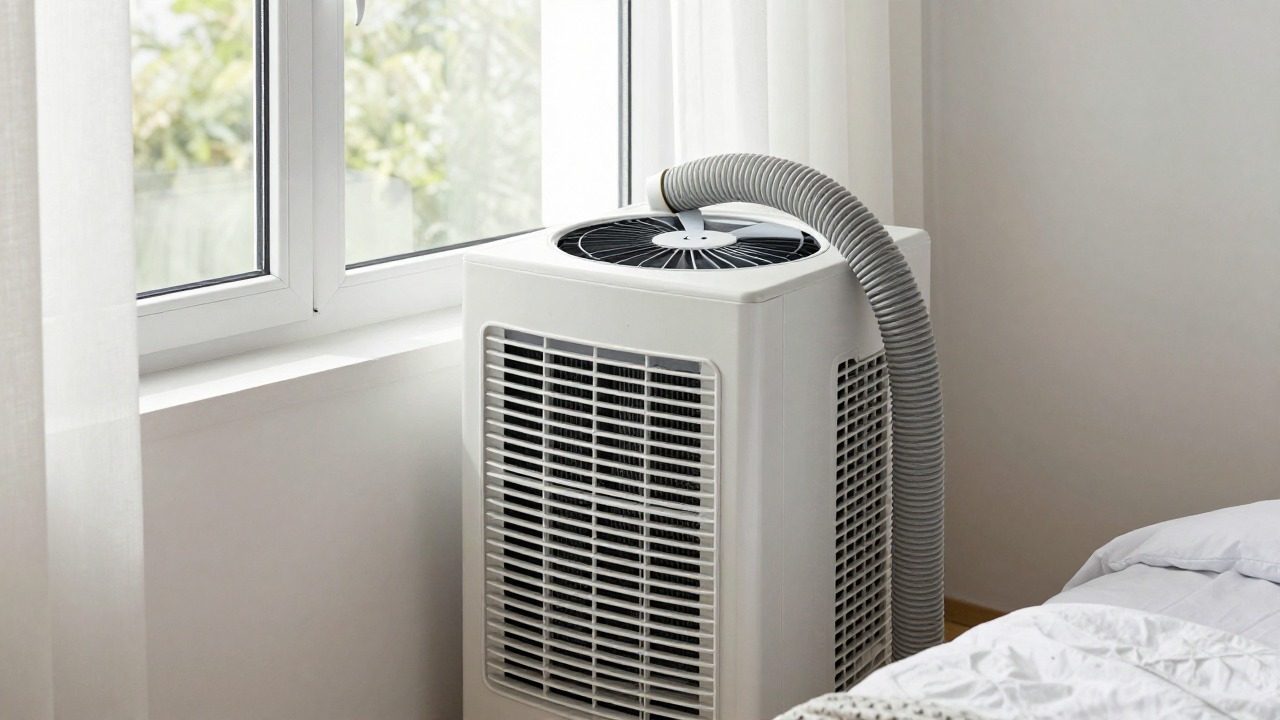 Climatiseur mobile monobloc avec gaine d'évacuation et kit de calfeutrage de fenêtre