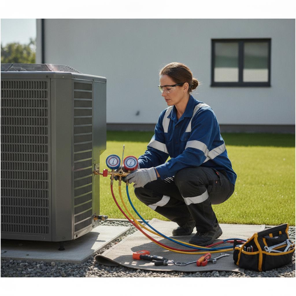 Frigoriste certifié en intervention sur une unité extérieure de climatisation avec manifold