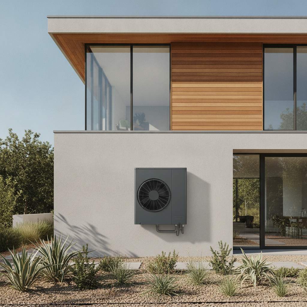 Unité de pompe à chaleur air-eau monobloc installée le long d'une façade de maison contemporaine