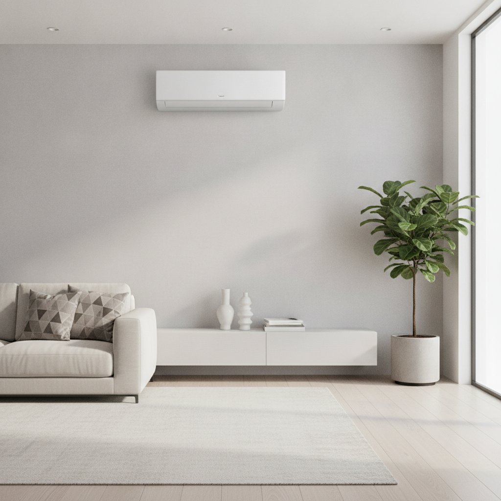 Unité murale de climatisation moderne installée dans un salon lumineux