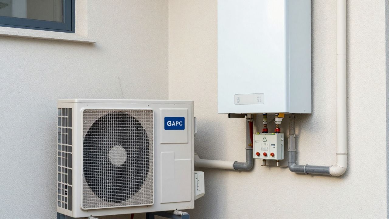 Pompe à chaleur extérieure à côté d'une chaudière gaz à condensation dans un local technique