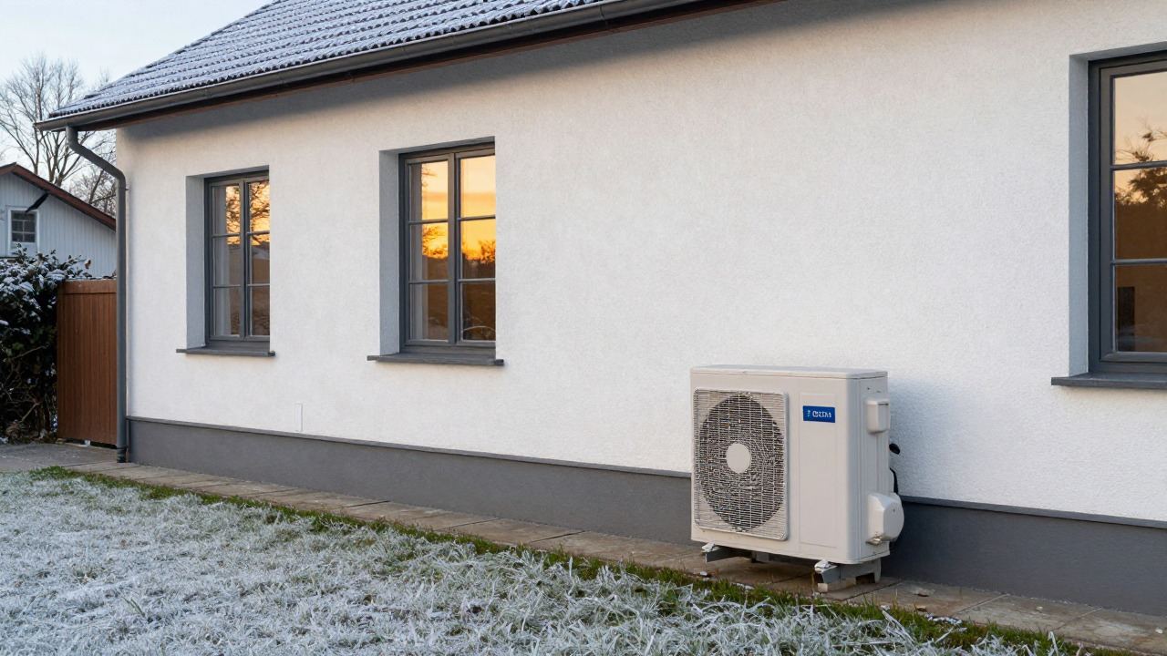 Maison individuelle en hiver avec l'unité extérieure d'une pompe à chaleur le long du mur