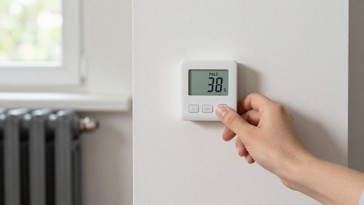 Main réglant un thermostat mural dans un salon avec un radiateur en fonte sous la fenêtre