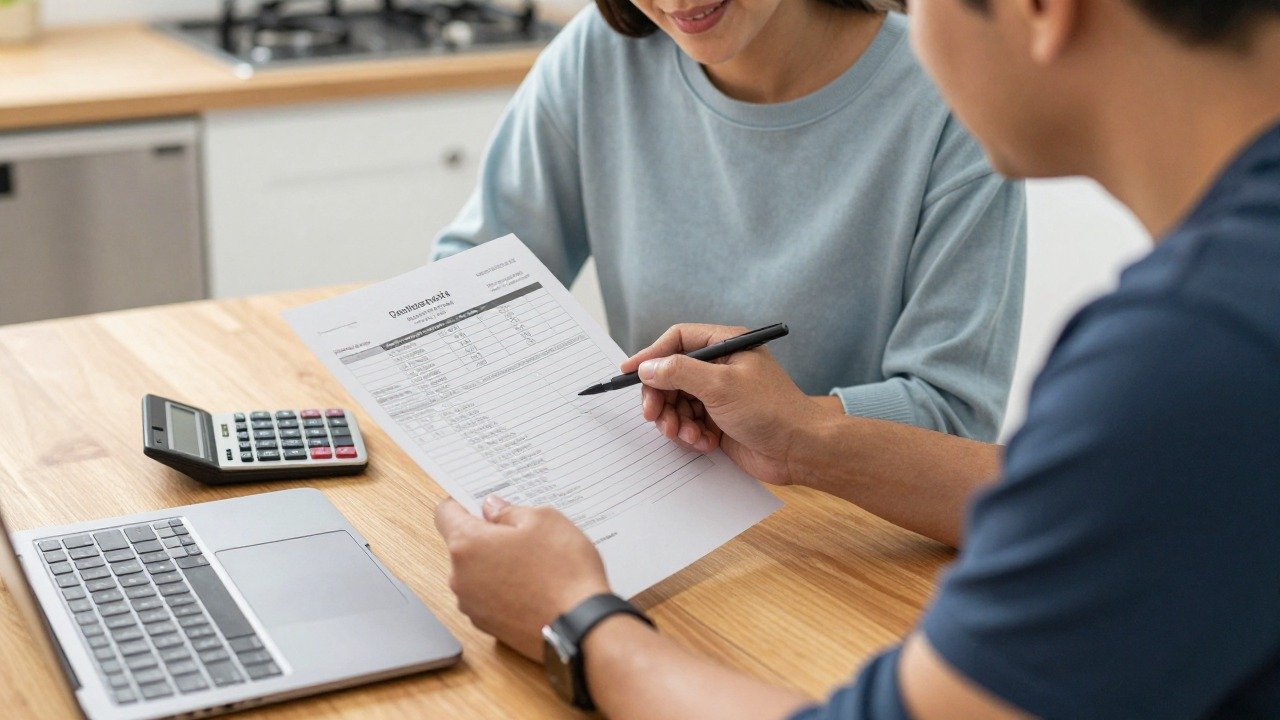 Couple examinant un devis de pompe à chaleur à la table de la cuisine avec une calculatrice